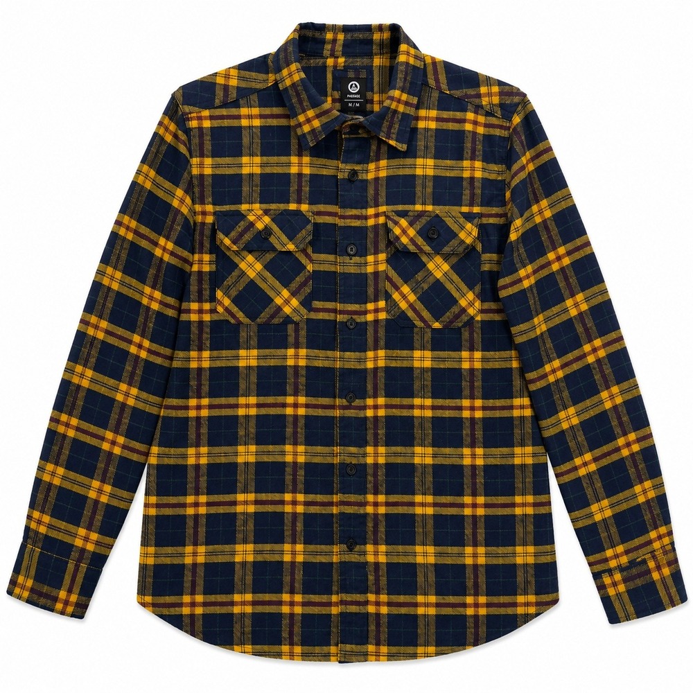 Amnesia Plaid Flannel Shirt 100% Cotton Navy Yellow Men's Medium Button Up
